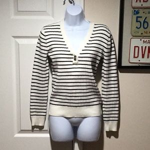 Ralph Lauren White/Black Striped V Neck Sweater - Size S